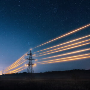 electricity transmission towers with orange glowing wires against night sky.