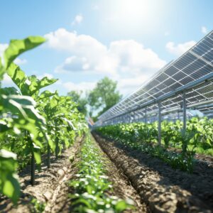 a depiction of agrivoltaics innovation, where agriculture meets solar energy, with panels installed above crops to optimize land use while generating renewable energy.