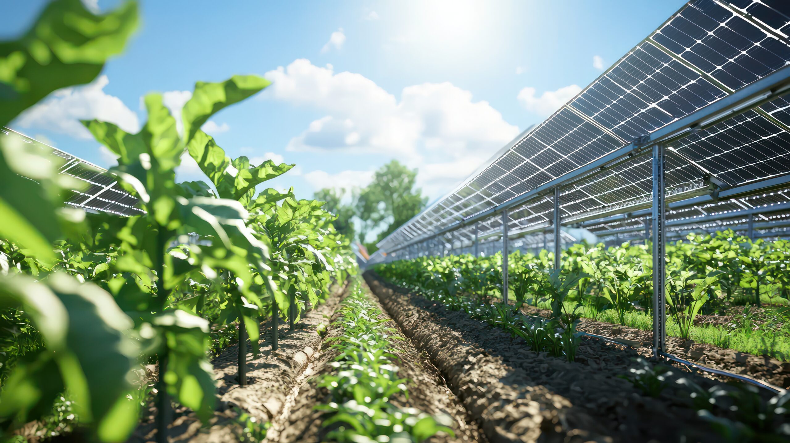 a depiction of agrivoltaics innovation, where agriculture meets solar energy, with panels installed above crops to optimize land use while generating renewable energy.