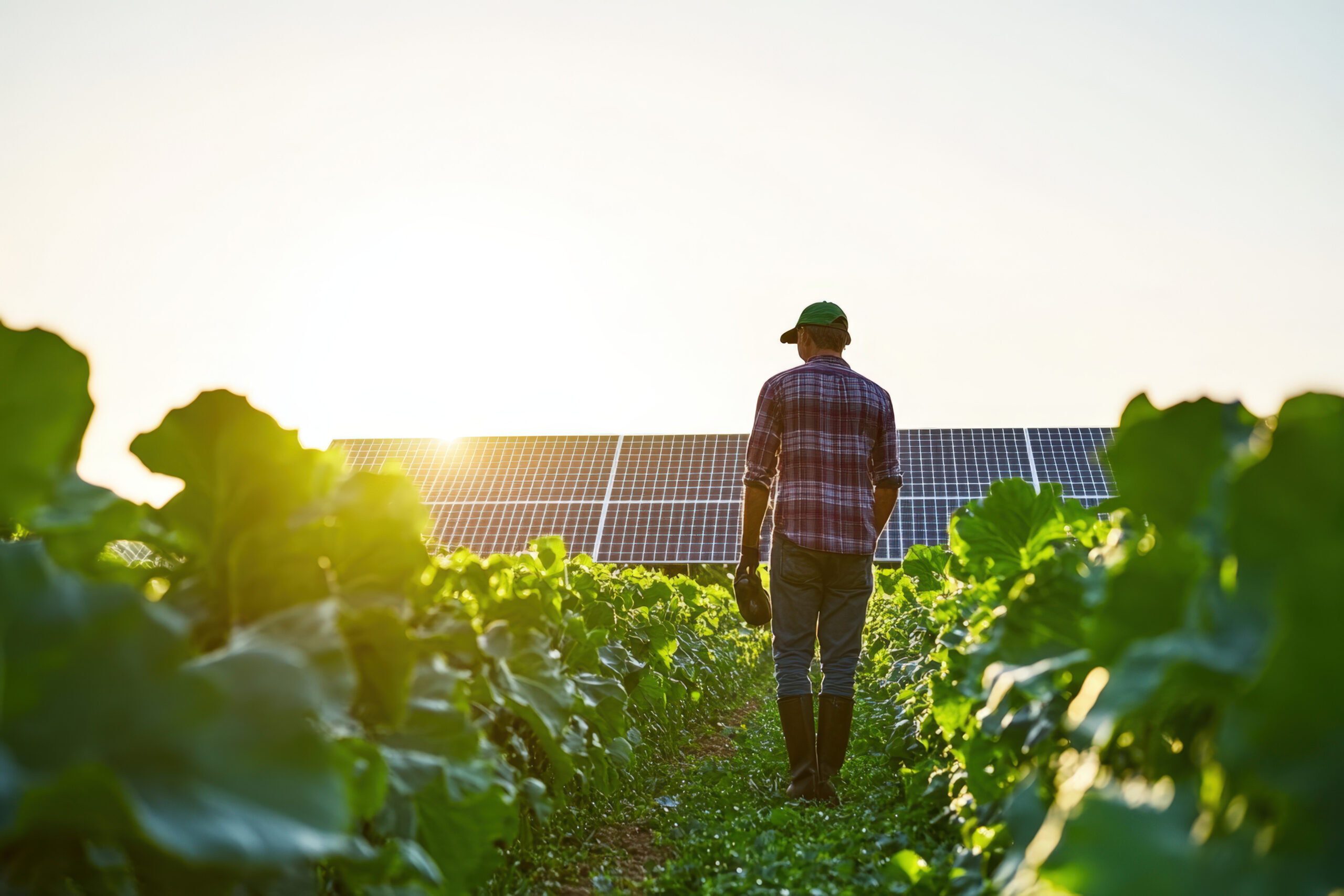 farmer is walking through his crop field at sunset, checking on his crops and solar panels